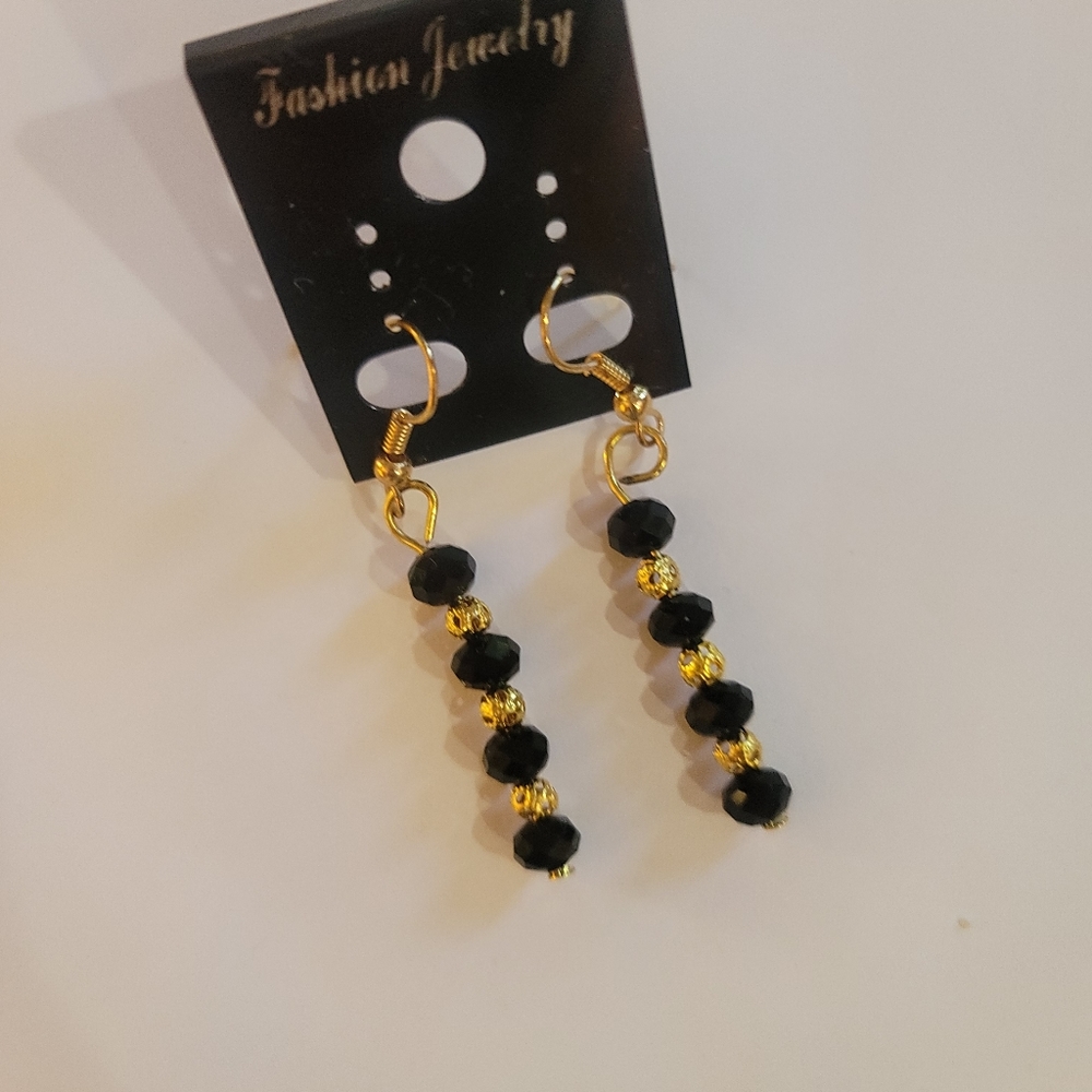 EBONY BLACK AUSTRIAN SWAROVS GOLD DISCO BALL ACCENT DROPDANGLE  PIERCED EARRINGS - Picture 2 of 5